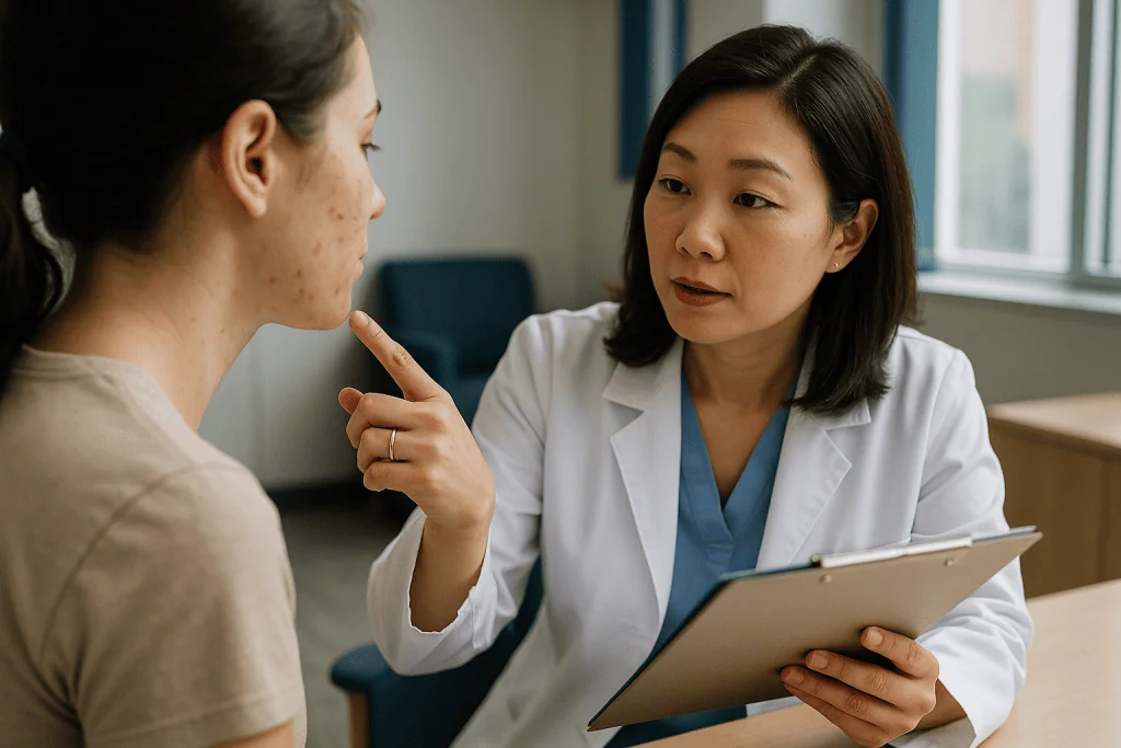 Doctor consultation with patient holding tablet: Is it a scar or just a mark? Why the difference changes everything