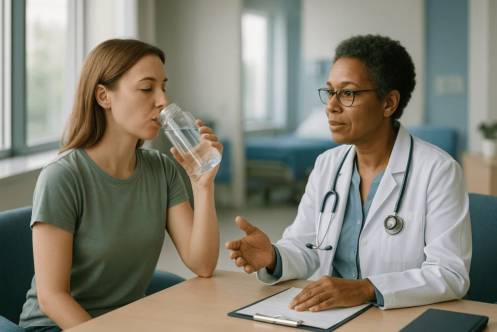 Doctor consulting patient during medical visit with water: Is it better to chug or sip water when a migraine is building?