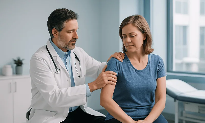 Doctor examining woman's shoulder for impingement symptoms.