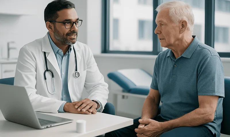Urologist consulting with elderly male patient in a medical office.