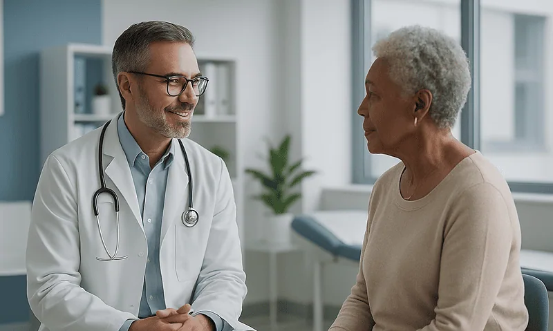 Doctor consulting with elderly patient in a modern clinic setting.