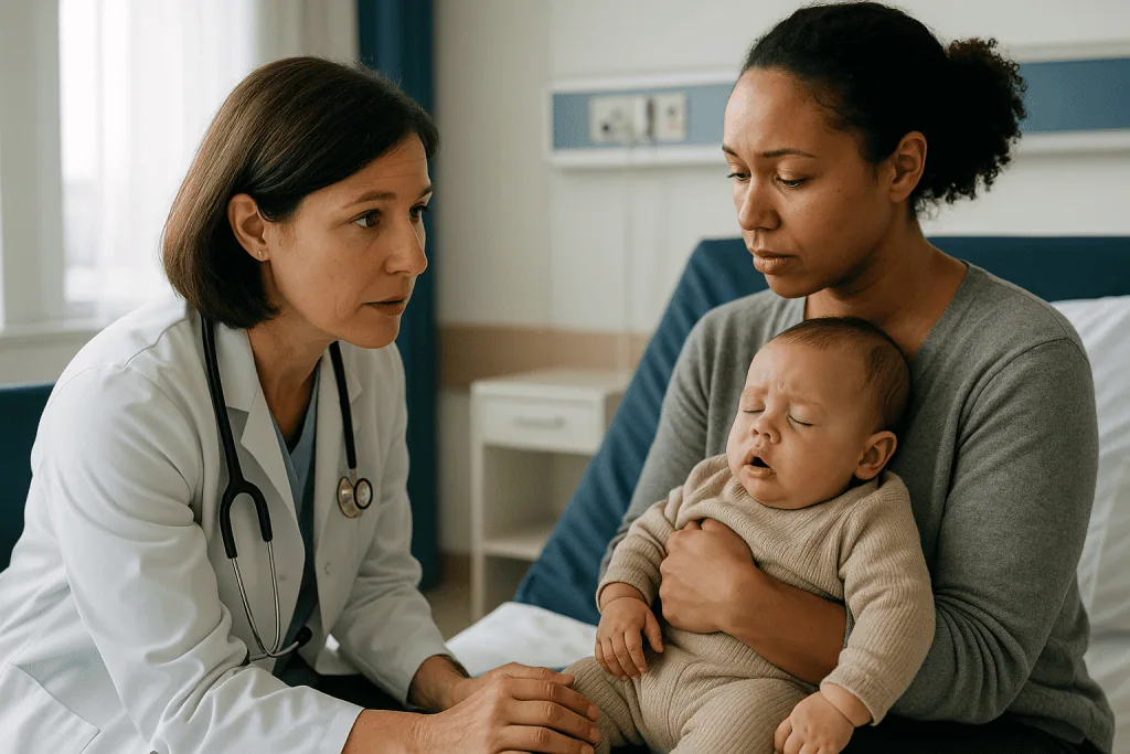 Doctor consulting with mother holding infant in hospital: Is RSV in babies serious? The honest numbers