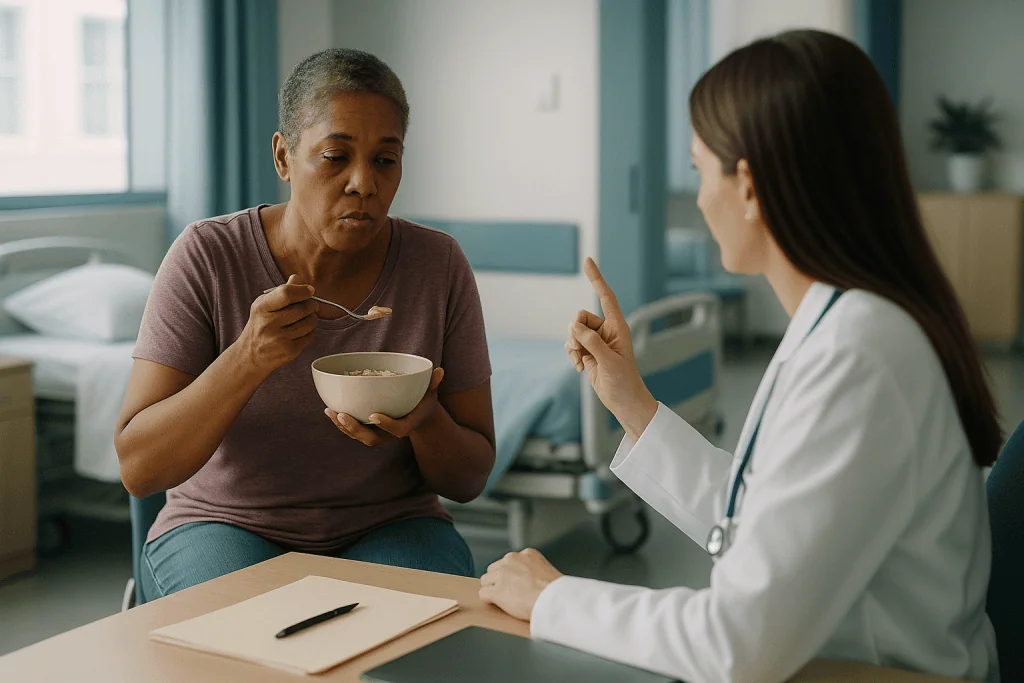 Doctor consulting patient eating cereal in hospital room: Is skipping breakfast bad for your metabolism?