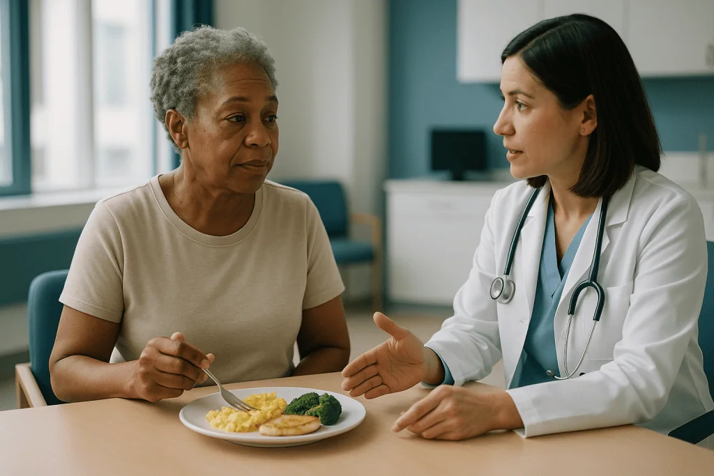 Doctor consulting patient about food plate: Is spreading protein across meals better than one big dinner?