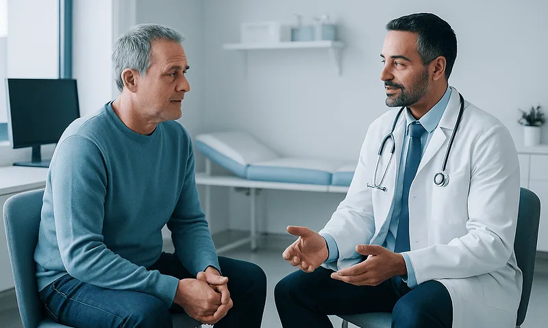 Doctor consulting with middle-aged male patient in a medical office.