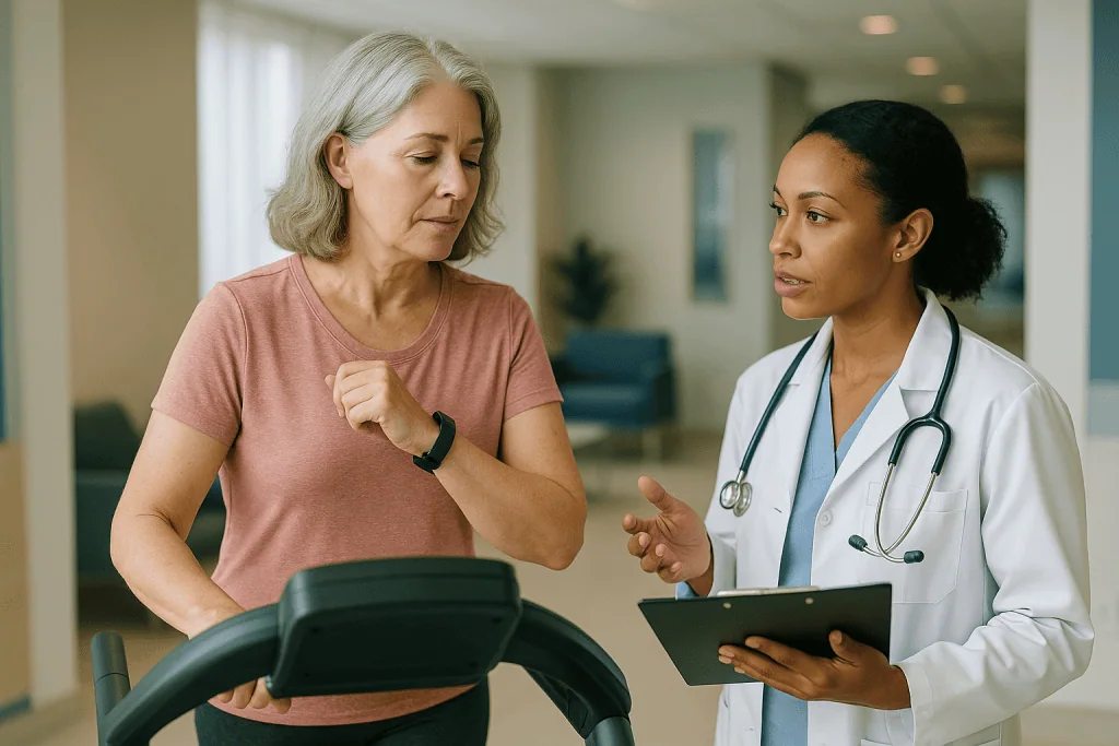 Doctor consulting with patient during treadmill exercise test: Is there a better max heart rate formula for women?