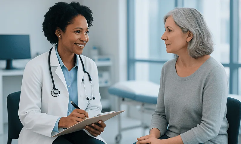Doctor consulting with a middle-aged woman in a medical office.
