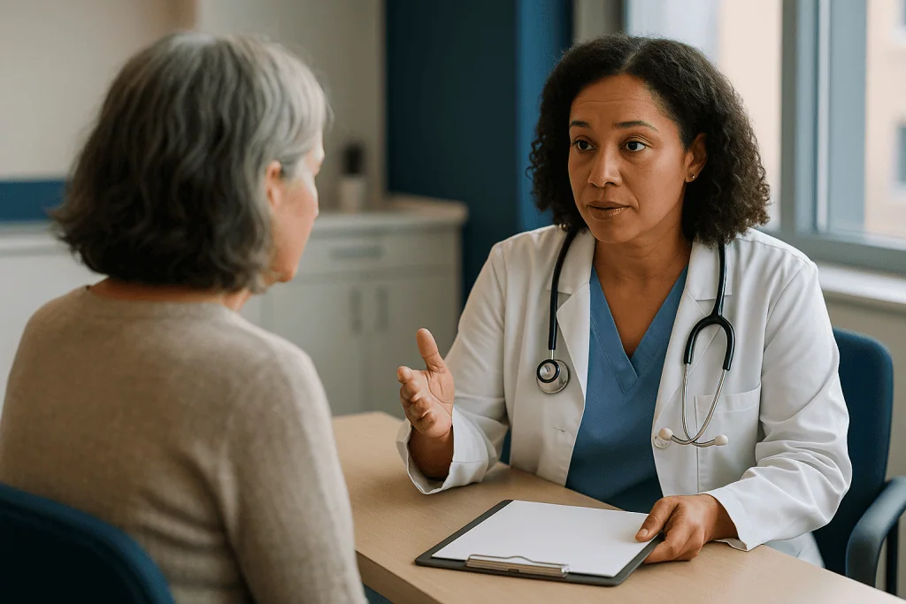 Doctor consulting with older female patient at desk: Is there a routine ovarian cancer screening test?