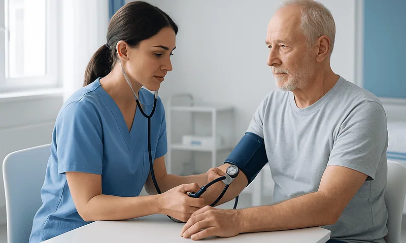 Nurse measuring senior man's blood pressure in a clinical setting.