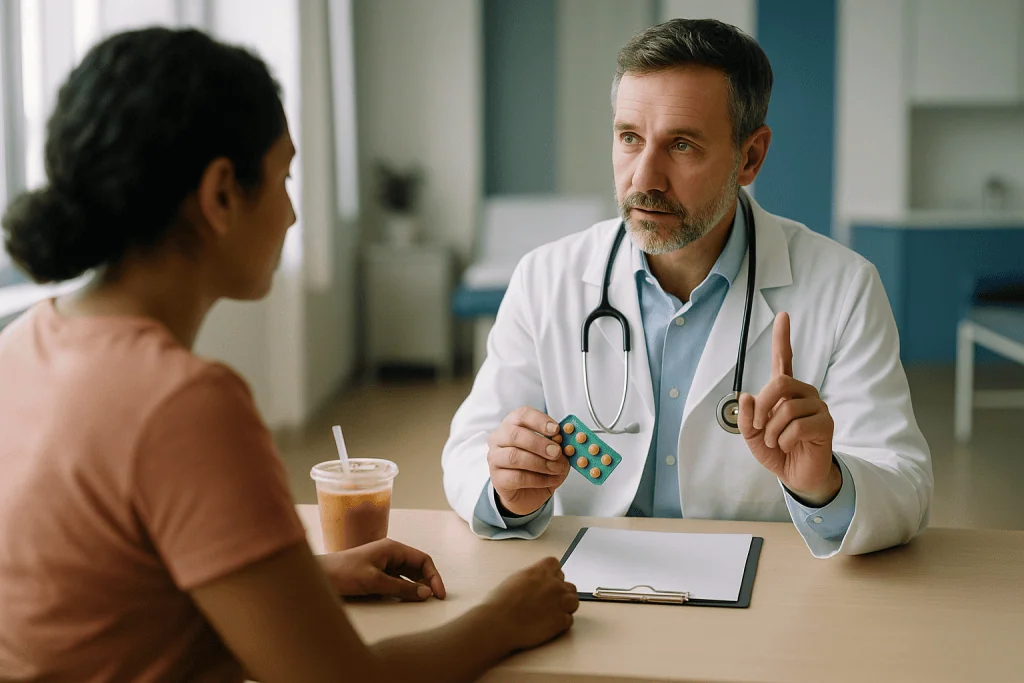 Doctor consulting patient about medication in clinic: Is travelers diarrhea contagious?