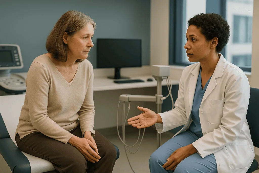 Doctor consulting female patient in medical examination room: Is urodynamic testing painful? An honest account