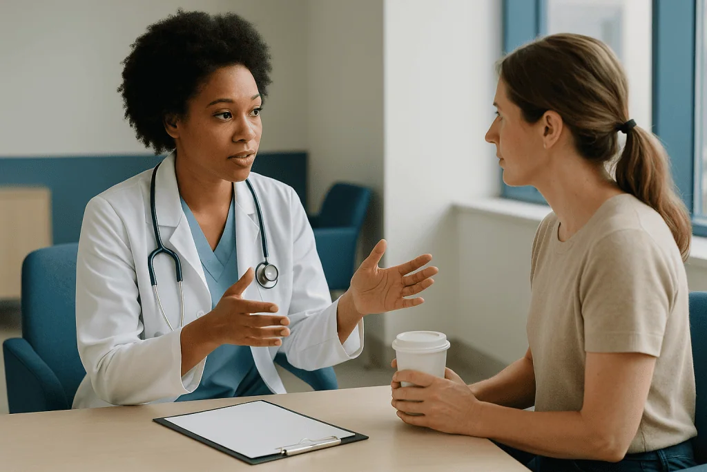 Doctor consulting patient in clinical office setting: Is yellow fever contagious from person to person?