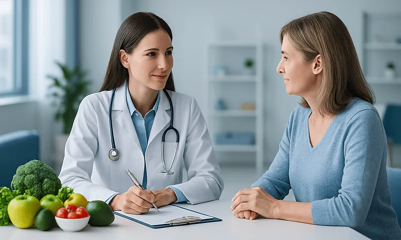 Doctor consulting with patient in a medical office with fresh vegetables on the table.