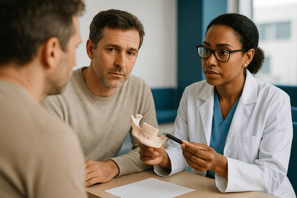 Doctor consulting patient about jaw model during consultation: Jaw surgery consultation questions about the surgeon and the 