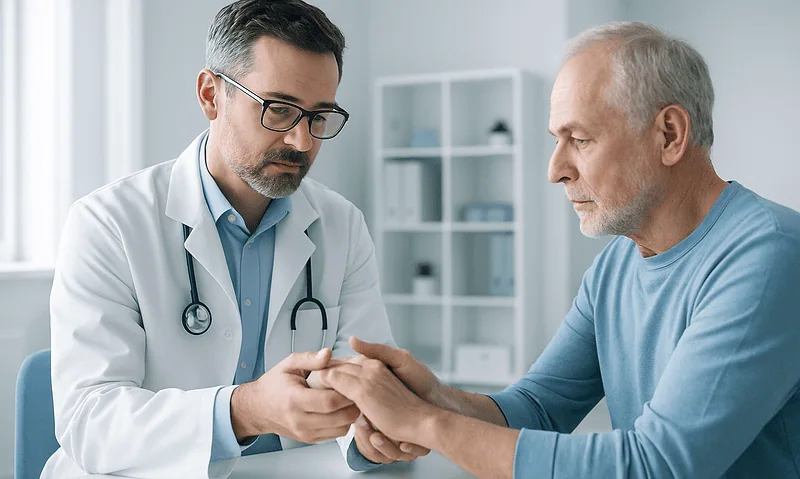 Joint Hypermobility: When Being Bendy Is a Problem 4 Doctor examining elderly patient's hand in a medical consultation.