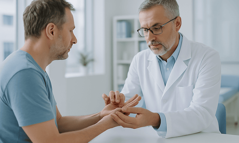 Doctor examining patient's hand in a medical consultation setting.