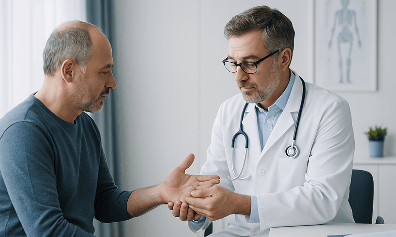Doctor examining a patient's hand for joint pain assessment.
