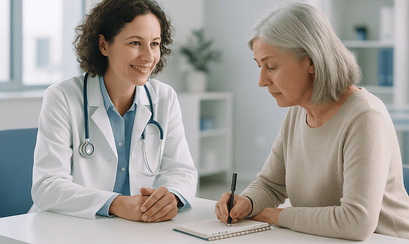Doctor consulting with an elderly patient about bowel health in a medical office.