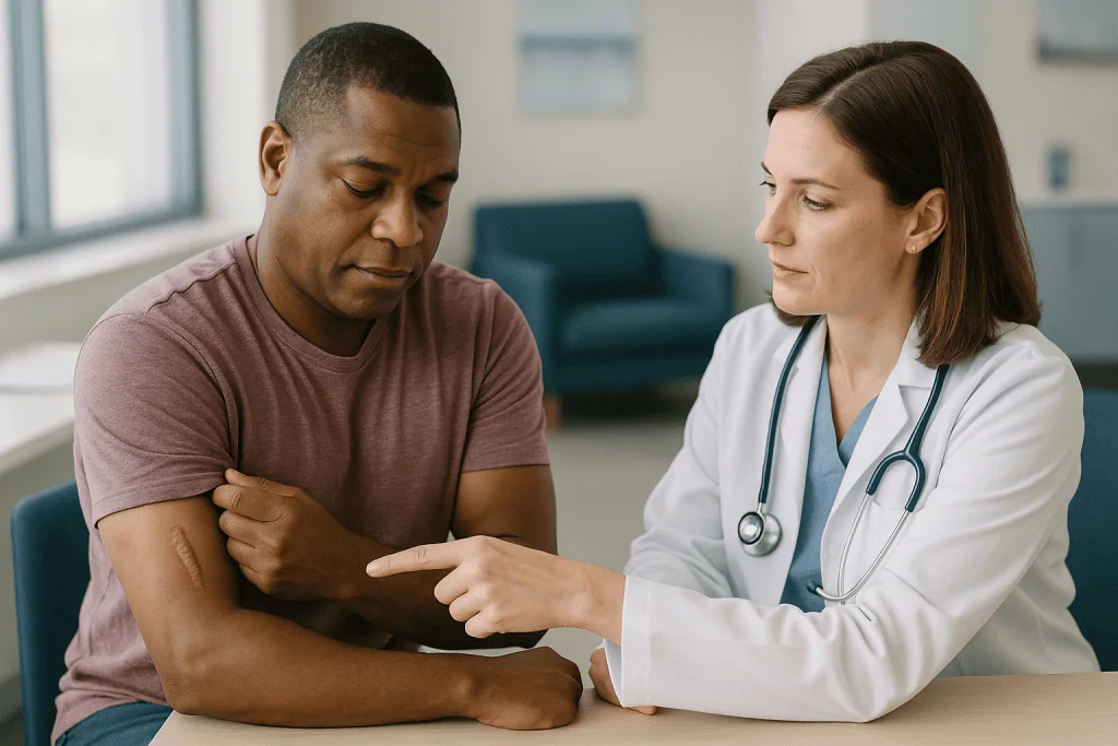 Doctor examining patient's arm during consultation: Keloid vs hypertrophic scar: the signs that tell them apart