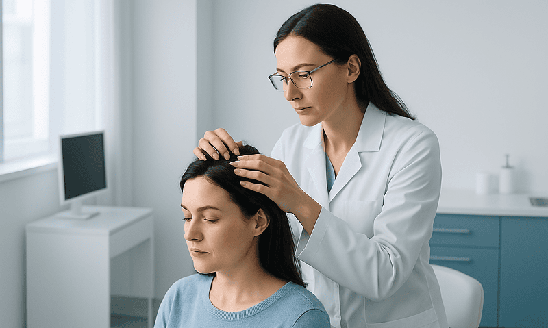 Doctor performing scalp treatment on a woman in a clinical setting.