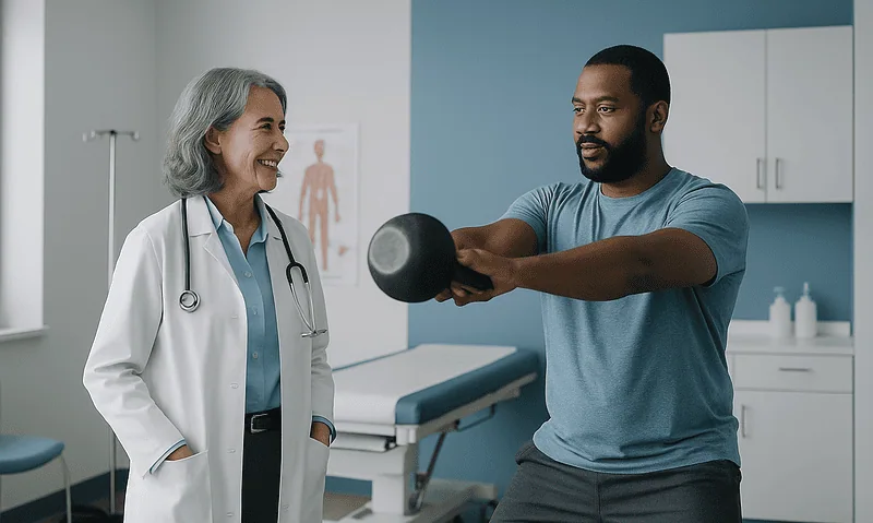 Patient practicing kettlebell exercise with medical supervision in clinic.
