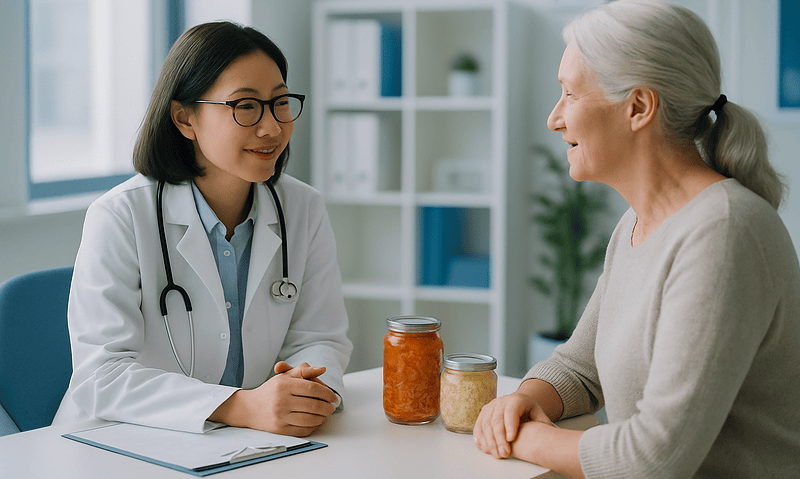 Doctor consulting with elderly woman about fermented foods benefits.