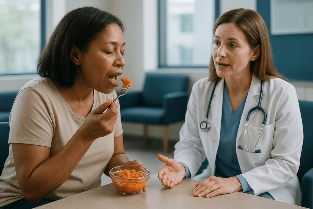 Doctor consulting patient eating orange food from bowl: Kimchi benefits for the gut microbiome: what happens after you eat i