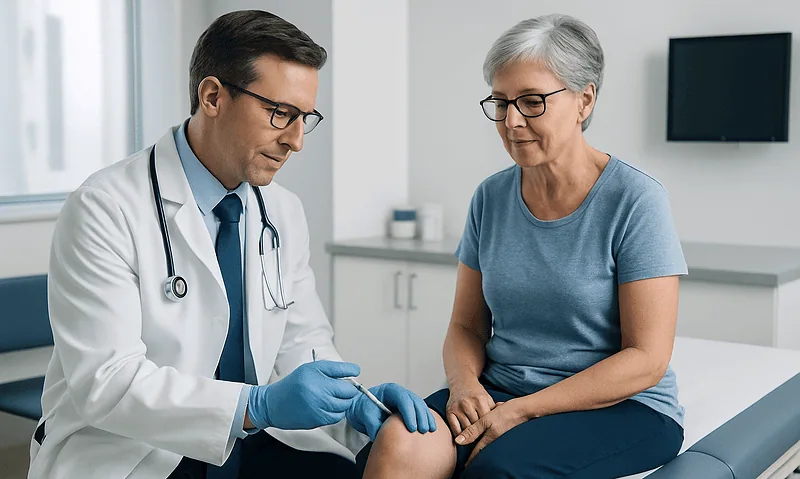 Doctor explaining knee treatment options to an elderly woman in a clinic.