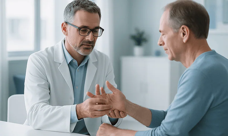 Doctor examining patient's hand for joint health assessment.