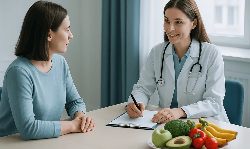 Doctor consulting with patient about healthy eating and omega-3 sources.