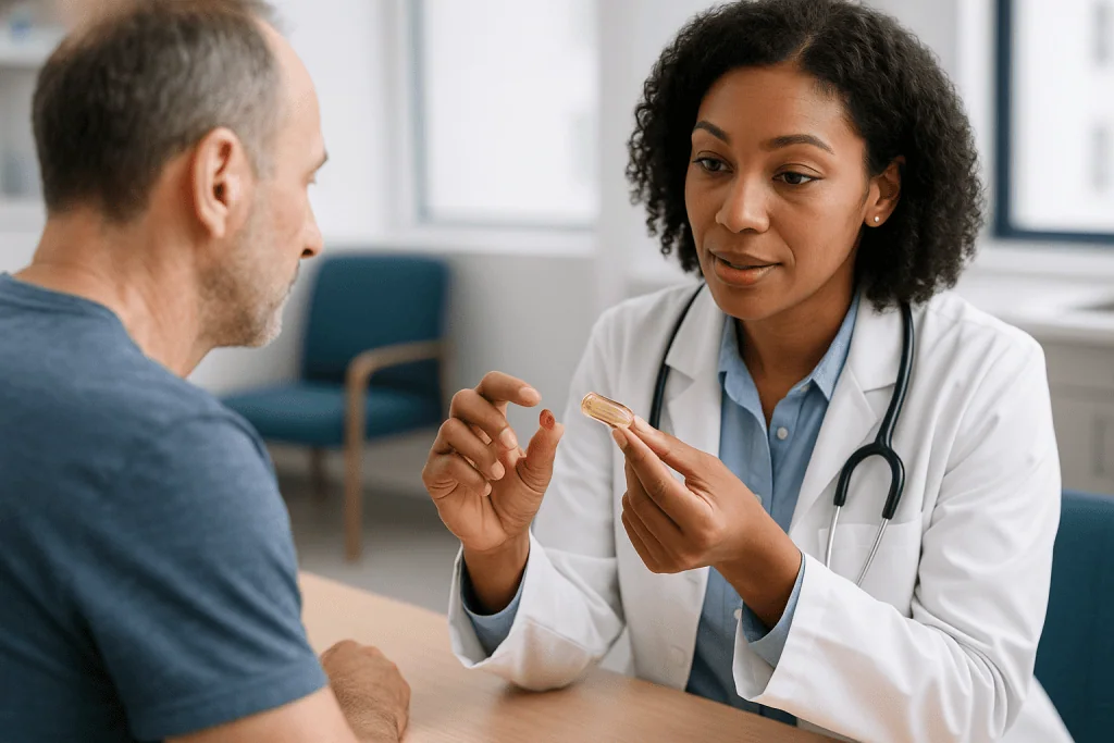 Doctor showing supplement capsule to male patient: Krill oil vs fish oil: what is actually inside the capsule