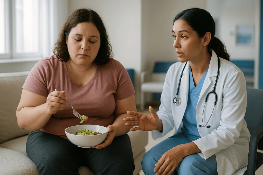 Doctor consulting patient about salad and nutrition: Labiaplasty wound separation: why the edges can open