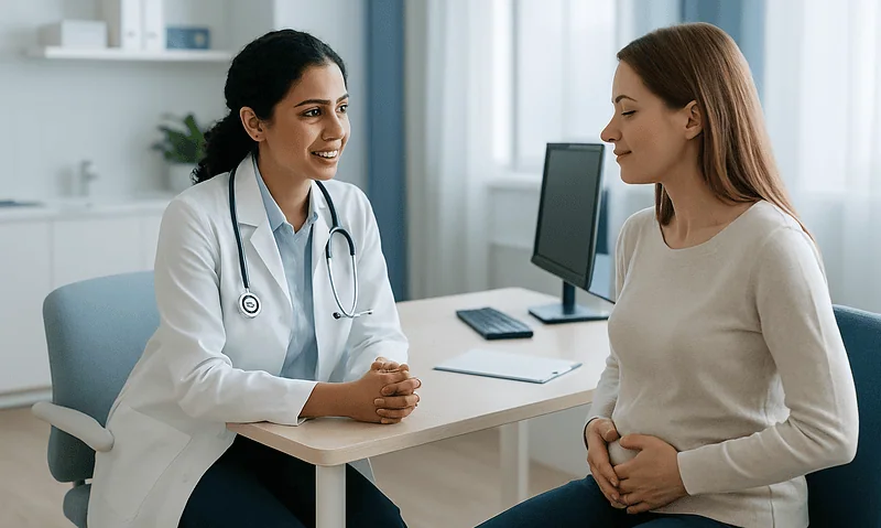 Doctor consulting with a patient in a modern medical office.