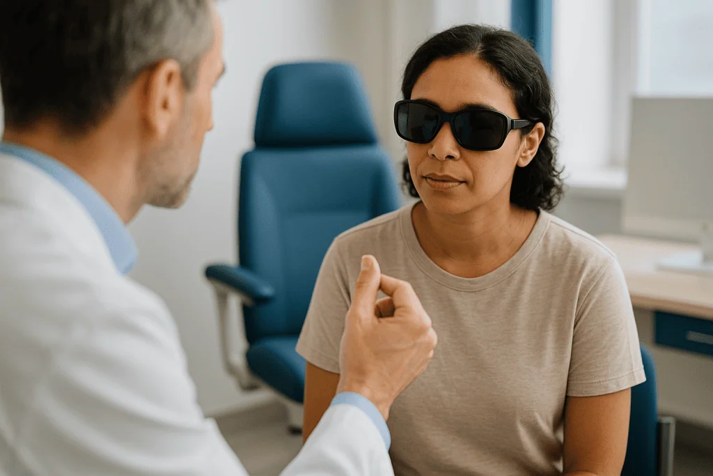 Doctor consultation with patient wearing sunglasses indoors: LASEK vs LASIK healing: why the surface route takes longer