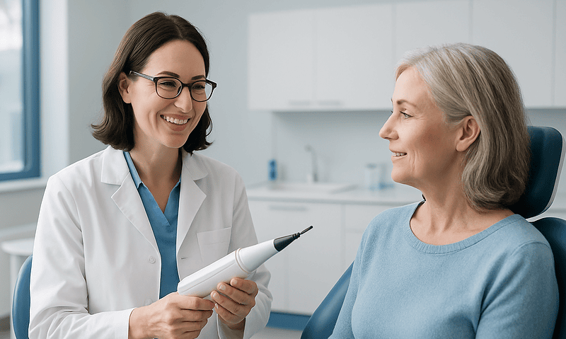 Dentist explaining laser dental treatment to a patient in a clinic.