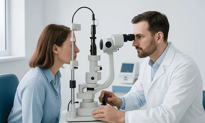 Optometrist performing eye examination with slit lamp at Acibadem Hospital.