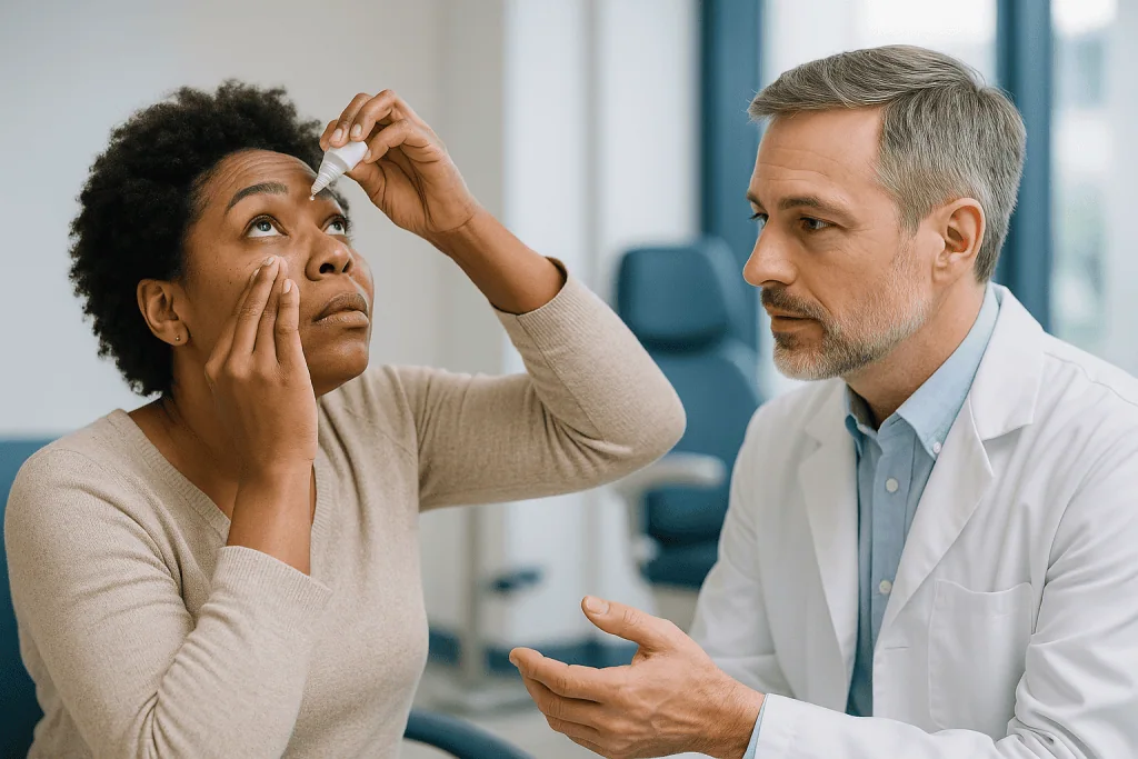 Doctor examining patient's eye with dropper: LASIK dry eye: why the surgery dries the eye and how long it usually lasts