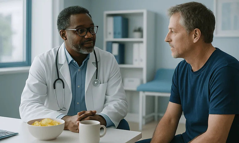 Doctor consulting with male patient in a medical office setting.