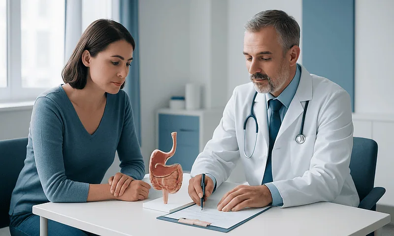 Doctor explaining digestive health to a patient in a clinic setting.
