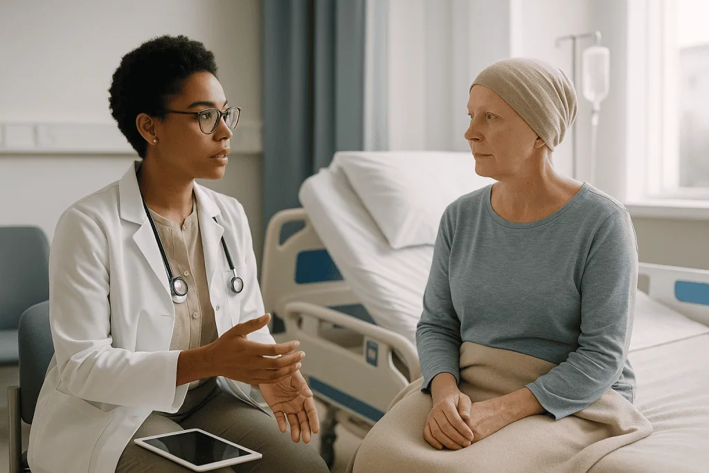 Doctor consulting with patient in hospital room: Leukemia stem cell transplant: when is it needed, and when is it not?