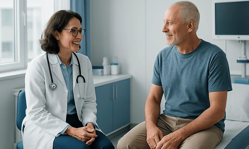 Urologist consulting with a male patient in a hospital room.