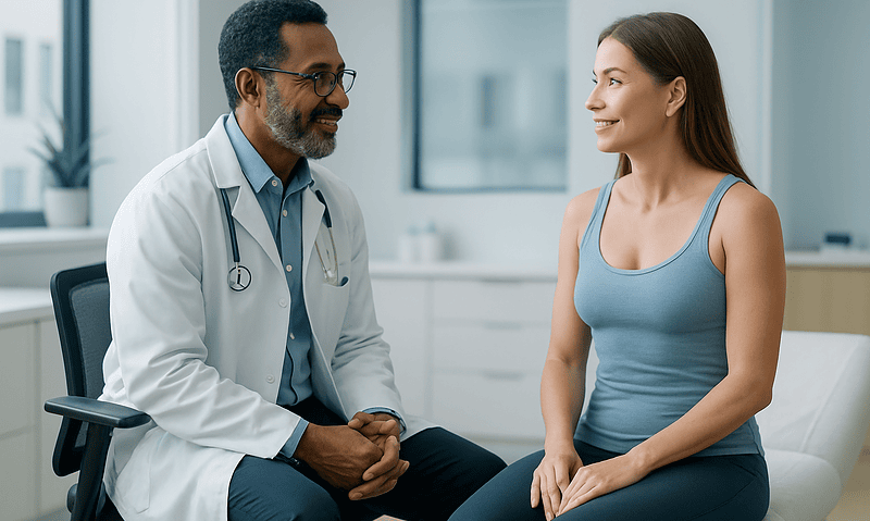Doctor consulting with a patient in a modern medical office.