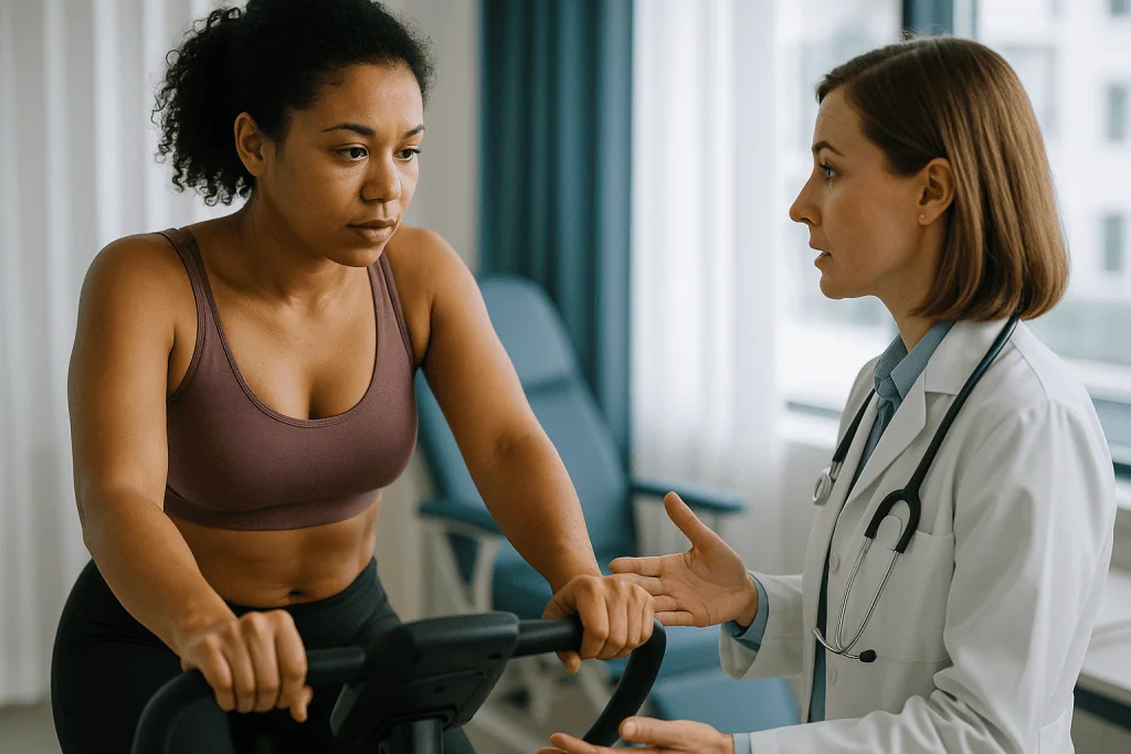 Doctor consulting patient on exercise bike: Life after HD liposculpture: why the first six months are not the final result