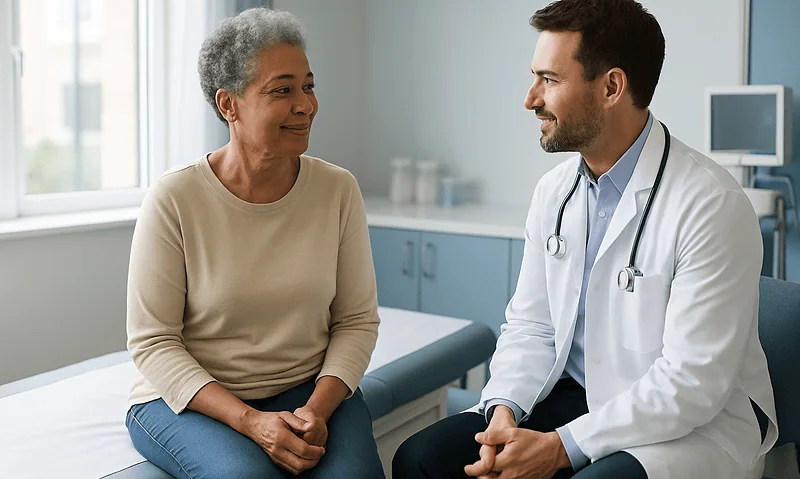 Doctor consulting with an elderly female patient in a medical office.