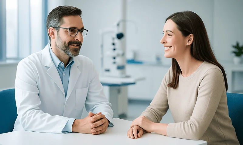 Life After LASEK: Sunglasses, Screens and Why Surface Healing Deserves Extra Patience 5 Doctor consulting with a patient in a modern medical office.