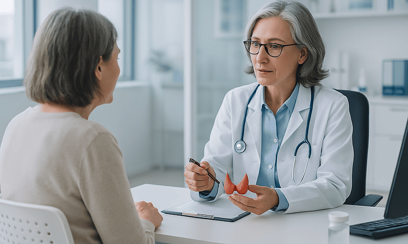 Doctor explaining thyroid model to patient during consultation.