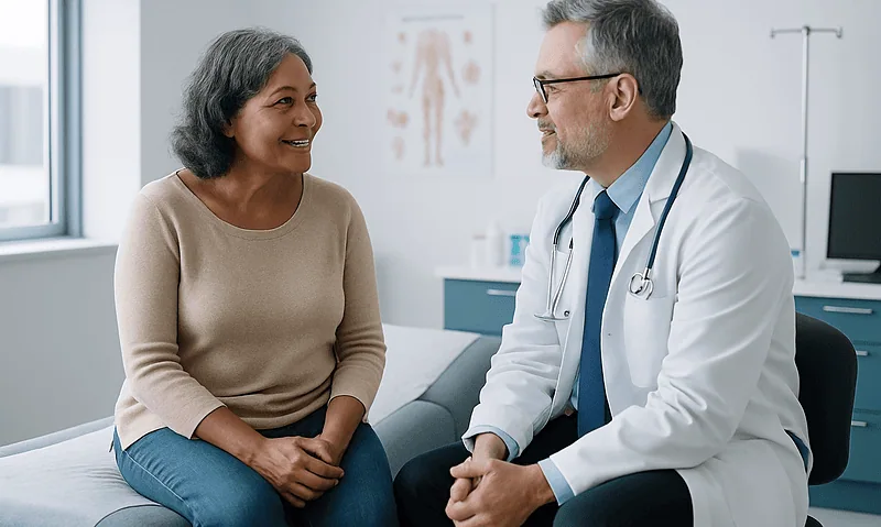 Doctor consulting with a female patient in a medical office.