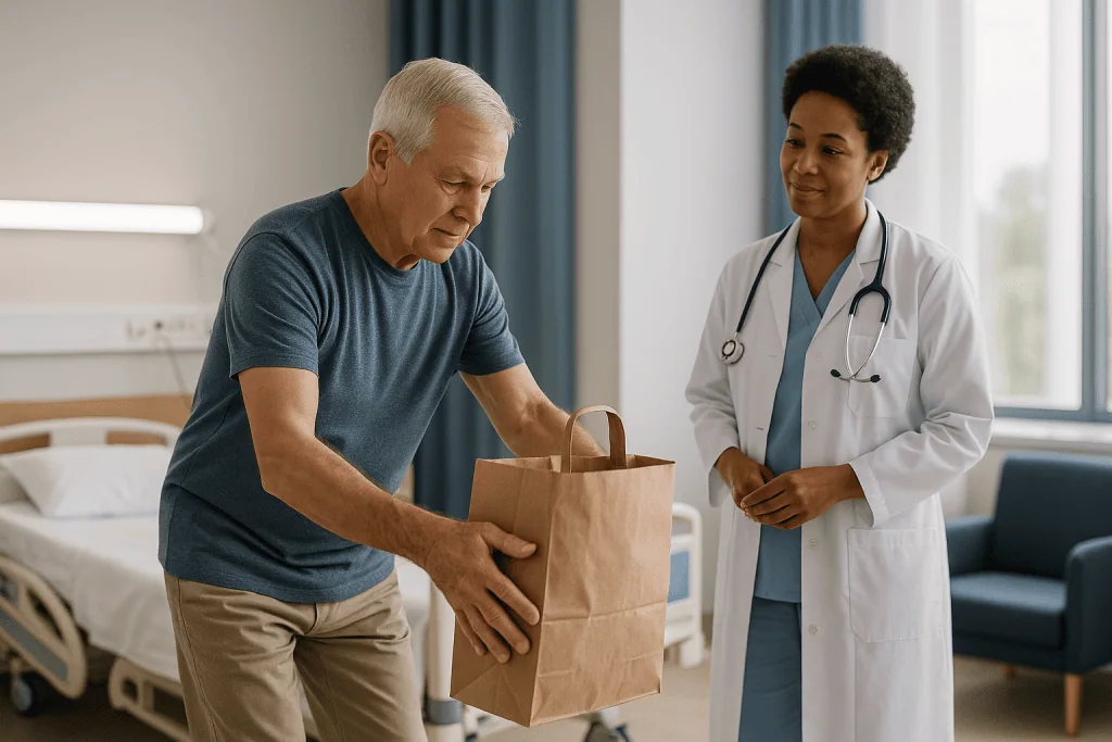 Doctor giving discharge bag to elderly male patient: Lifting after prostate surgery: when can you carry, push and strain aga