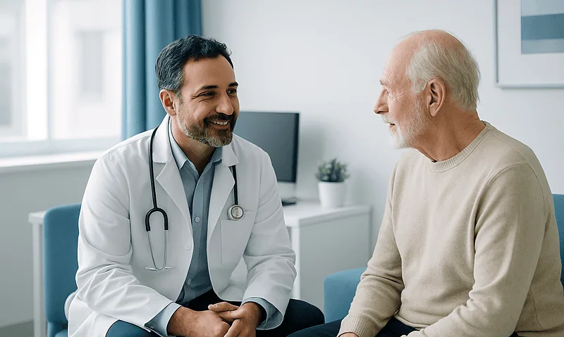 Doctor consulting with elderly patient in a medical office.