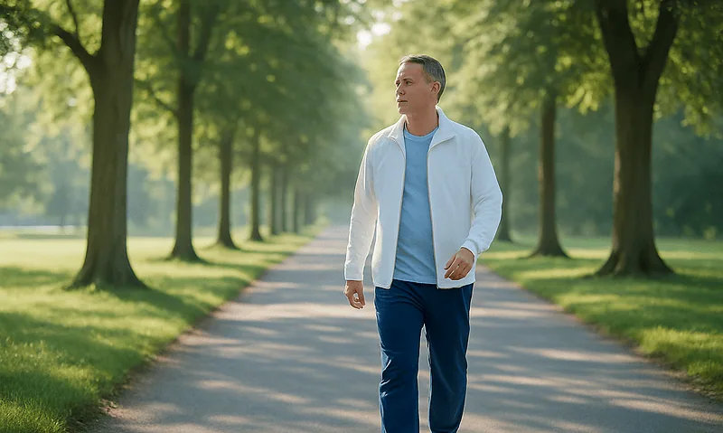 Man walking in a park on a sunny day with trees lining the path.